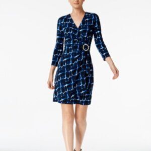 CALVIN KLEIN Petite Printed 3/4 Sleeves Faux-Wrap Sheath Mini Dress